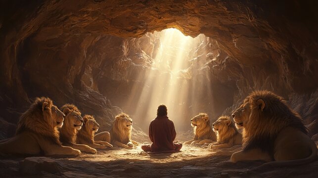Daniel praying calmly in the lion's den, lions sitting peacefully around him, divine light shining down, serene atmosphere, high-resolution, biblical faith and protection