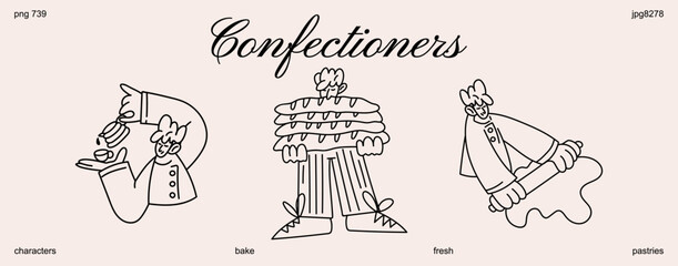 Pastry chef characters in cartoon linear style. People cooking sweet desserts, pastries and cakes. Chef in apron in the kitchen