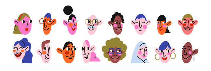 Fototapeta premium Cartoon people faces with emotions, doodle characters in retro groovy funky style. Avatars stickers set of hand drawn round vector faces