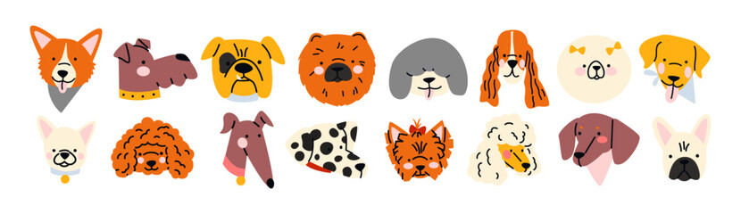 Dogs heads in groovy style 90s. Set pets in cartoon funny puppies characters in retro style. Animals icon avatars veterinarian zoo stickers