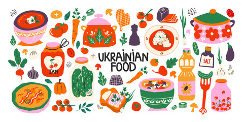 Traditional Ukrainian cuisine. Set of Ukrainian national dishes: borsch, varenyky, pickles, compote, banosh. Farm natural vegetables and fruits from the garden. Bright food stickers