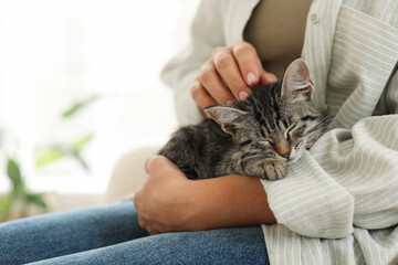 Woman with cute kitten at home, closeup