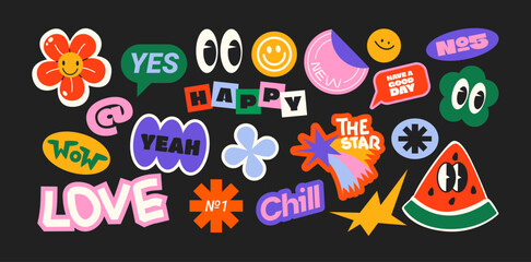 Futuristic y2k patches, labels, tags, stickers, bracelet stamps in retro style. Cartoon stickers in funky hipster groovy grunge 90s style. Vector set, trendy promo labels