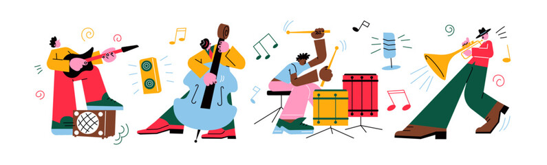Cartoon musical characters in the style of the 90s. People play musical instruments.Guitarist, cellist, drummer, trumpeter. Concept of a musical concert, retro groovy mascots © Limpreom