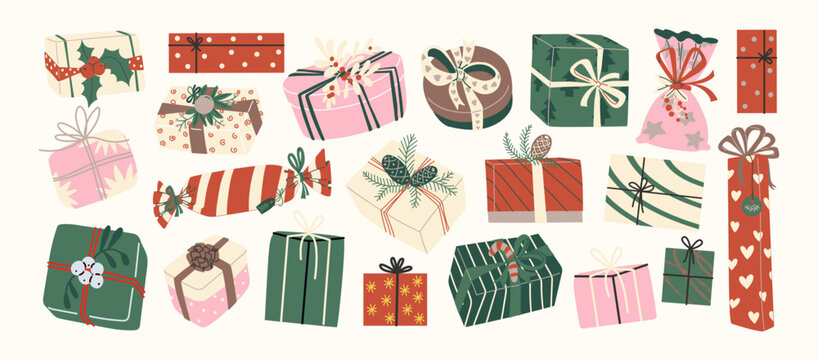 Fototapeta Set of cartoon style New Year gift boxes. Festive Christmas elements, wrapped gifts, with bright ribbons, bows and patterns. Cartoon holiday stickers of winter