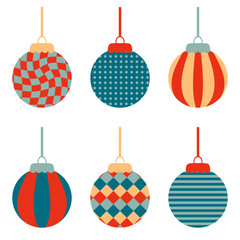 Geometric xmas balls ornament clipart collection. Perfect for banner, flyer, label, postcard, sale, stickers. Isolated vector illustration.