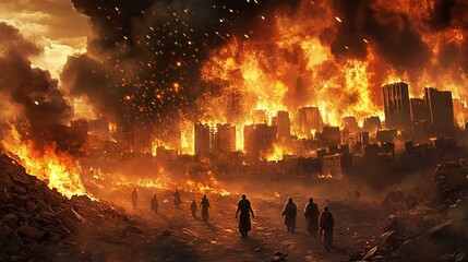 Lot and his family fleeing the burning cities of Sodom and Gomorrah, fire raining from the sky, intense flames and destruction, vivid and dramatic scene, high-resolution, divine judgment