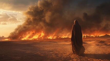 Lot's wife turning into a pillar of salt, stark desert landscape, vivid transformation as she looks back at the burning cities, dramatic lighting, high-resolution, symbolic and powerful event