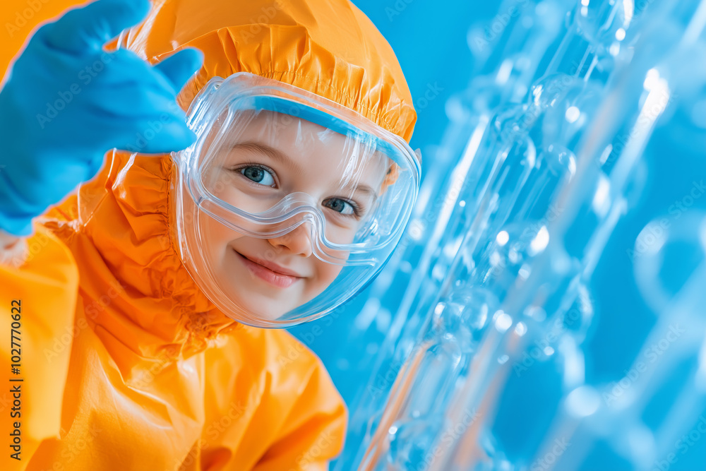 Poster child in protective gear smiling while exploring a colorful science laboratory environment