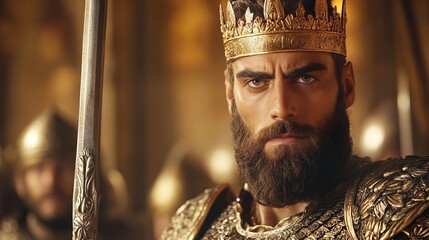 Portrait of King Saul, proud and regal expression, wearing royal armor and a crown, holding a spear, standing in a royal court with dramatic lighting