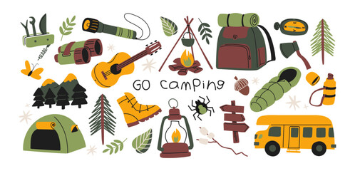 Cartoon hiking and camping stickers. Travel elements: boots, backpack, fire, tent, compass. Wildlife recreation and survival, travel elements in retro doodle style. © Limpreom