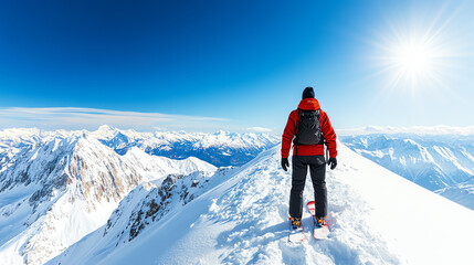 A lone climber stands triumphantly on a snowy mountain peak, basking in the sunlight with vast, breathtaking landscapes stretching in every direction.