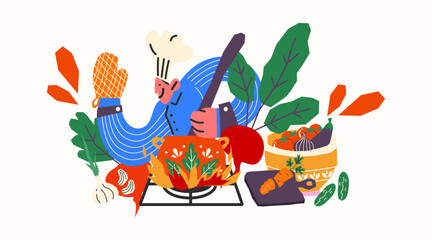 Cartoon chef cooking soup in a saucepan on fire. Doodle mascot with chef's hat and apron cooks lunch or dinner. Vector illustration of cooking food on stove