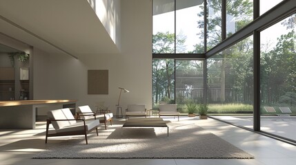 Fototapeta premium 3D rendering of a modern, minimalist living room with sleek furniture, large windows, and natural light