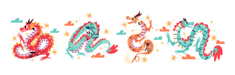 Chinese red dragons, lunar new year. Bright traditional animal symbol of the lunar year. Zodiac dragon, Asian mythical animal in cartoon doodle style.
