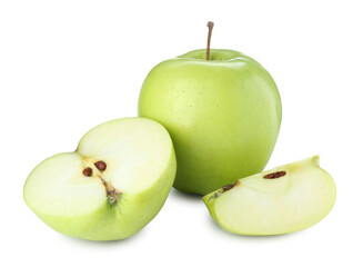 Whole and cut fresh green apples isolated on white