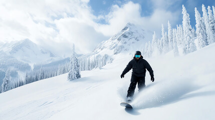 A snowboarder glides down a snowy slope surrounded by towering pine trees and majestic mountains, showcasing the thrill of winter sports and outdoor adventure.