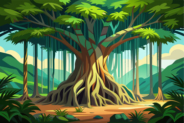 Naklejka premium A banyan tree with aerial roots, casting a cool shade in a lush tropical rainforest