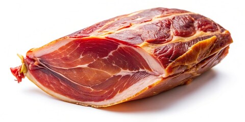 white background, traditional food, meat, gourmet, sliced, ham leg, An isolated high angle shot of Jamon serrano a traditional Spanish ham displayed over a white background