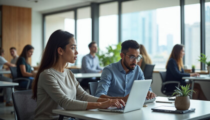 Co-working space: A bright and airy open-plan area during the day, featuring a diverse group of professionals including a White female data analyst, an Asian male business consultant, and a Black male