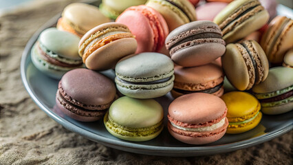 Obraz premium A vibrant selection of macarons in various colors and flavors is arranged on a grey plate, creating a delightful centerpiece for a festive occasion