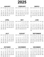 Simple editable vector calendar for year 2025 mondays first, sundays on black, easy to edit and useSimple editable vector calendar for year 2025 mondays first, sundays on black, easy to edit and use