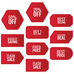 Set of red price, sale, discount, ticket and coupon sticker with text illustration