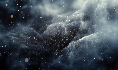 This image captures a mesmerizing view of a cosmic dust cloud with tiny sparkling stars scattered throughout, evoking a sense of wonder and mystery.