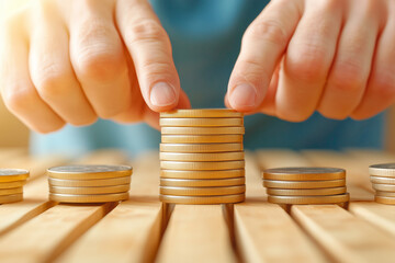 Person stacking coins on a wooden table while focusing on precise arrangements of currency