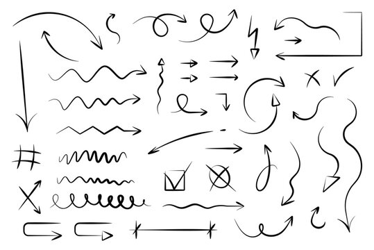 Set of different arrow shapes with doodle effect hand drawn design in fun visual presentations animated vector illustration