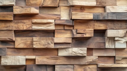 A textured wall made of various wooden blocks in different shades and sizes.