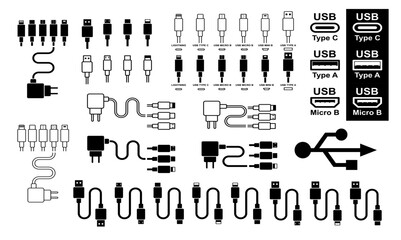 different usb cable and usb port charger icons collection. usb c, b, micro usb, etc icons for mockup, packaging, product etc. cable and port icon large collection for phone, laptop and computer.