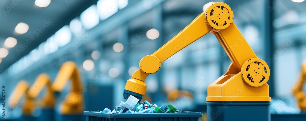Poster advanced ai-powered robotic arms sorting waste in eco-friendly factory - sustainable technology for 