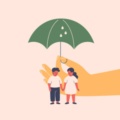Adult hand protects children from the rain via umbrella. Creating a secure environment for kids. Supervision and teaching safety rules in Family, society, schools. Vector illustration