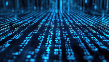 A futuristic digital landscape featuring endless streams of binary code, creating an abstract visualization of data flow, representing technology in the virtual realm.