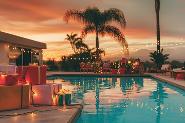 Christmas presents and festive lights by a swimming pool at sunset, concept of tropical Christmas celebration and holiday party by the water
