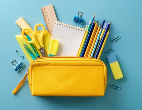 back to school concept flat lay top view on yellow full pencil case with pencils and pens notepad scissors isolated on pastel blue background - Powered by Adobe