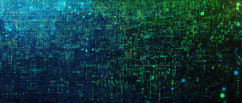 A dense pattern of green and blue binary code forms an intricate cyber grid, symbolizing the intricate web of digital communications and technologies.