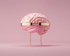 Conceptual brain with metallic elements on pink background.
