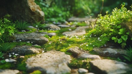 Naklejka premium Green moss grows around the rocks and sticks to the stone background wallpaper AI generated image