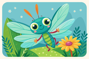 A children's book illustration featuring a friendly-looking bright dragonfly