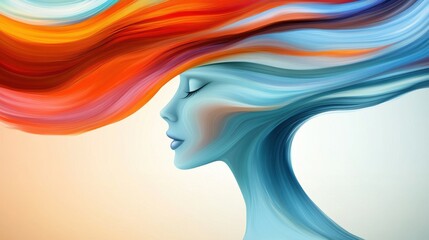 Colorful abstract portrait of a serene woman with flowing, vibrant hair, AI