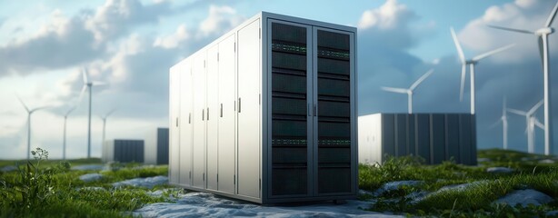 Modern data center with server racks in a lush green landscape under a cloudy sky.
