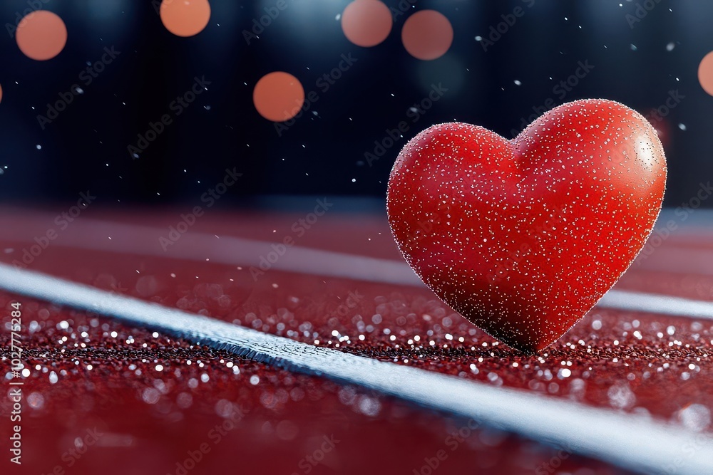 Poster Red heart on a running track with sparkling details and blurred background.
