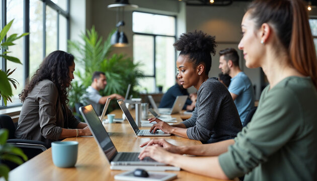 Co-working space: A modern, open-plan area with diverse professionals including a Black female software engineer, a South Asian male graphic designer, and a Hispanic female entrepreneur working