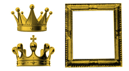 Gold glitter collage photo frame template with a transparent crown set. Retro scrapbook layout featuring a doodle elements.
