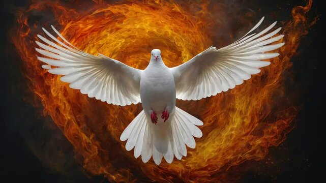 The sacred white dove floated amidst the blazing flames. The dove's feathers shine pure white, contrasting with the orange and fire red colors in the background. 4K