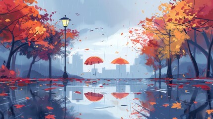 Rain falls on a picturesque autumn day, with bright umbrellas and reflections in puddles among the vibrant trees and pathways. Generative AI