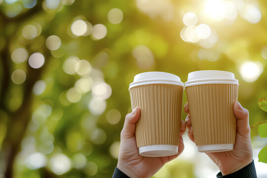 Two hands holding coffee to go paper cups toasting, cheers, conversation, friendship and social connection. Two friends drinking coffee outdoors on sunny day