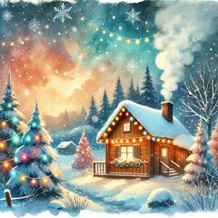  Snowy winter landscape, painted in a vibrant watercolor style